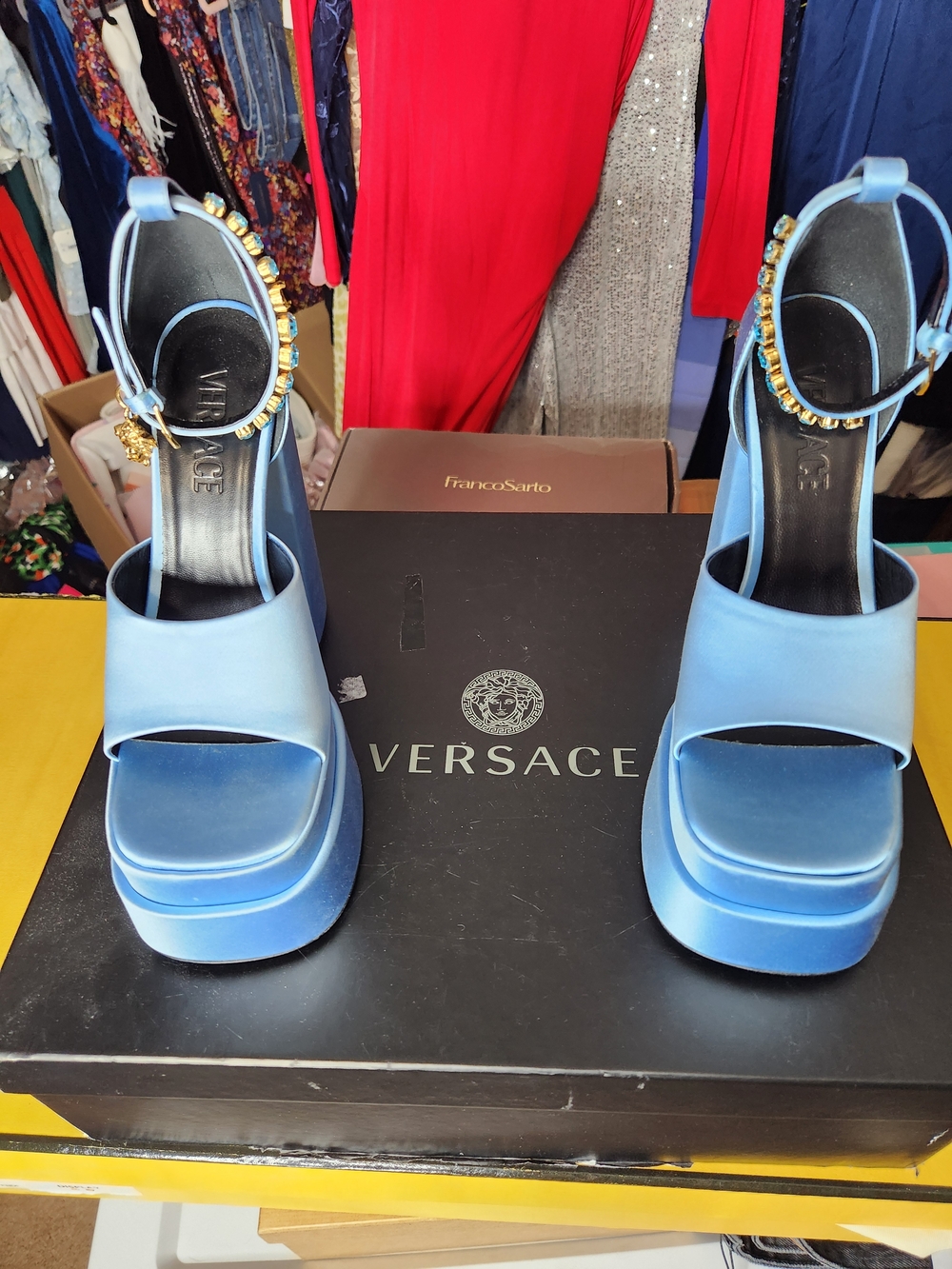 Versace Light Blue Satin Platform Sandals with Gold Medusa Charm - Picture 2 of 9